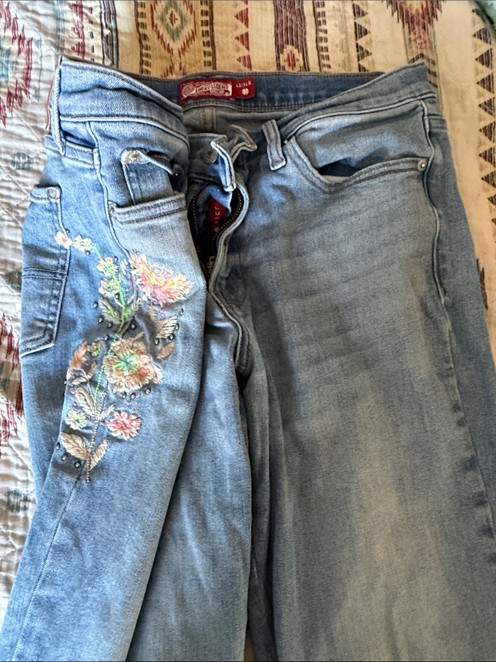 Lucky Brand Light Blue High-Rise Jeans with Pastel Floral Embroidery